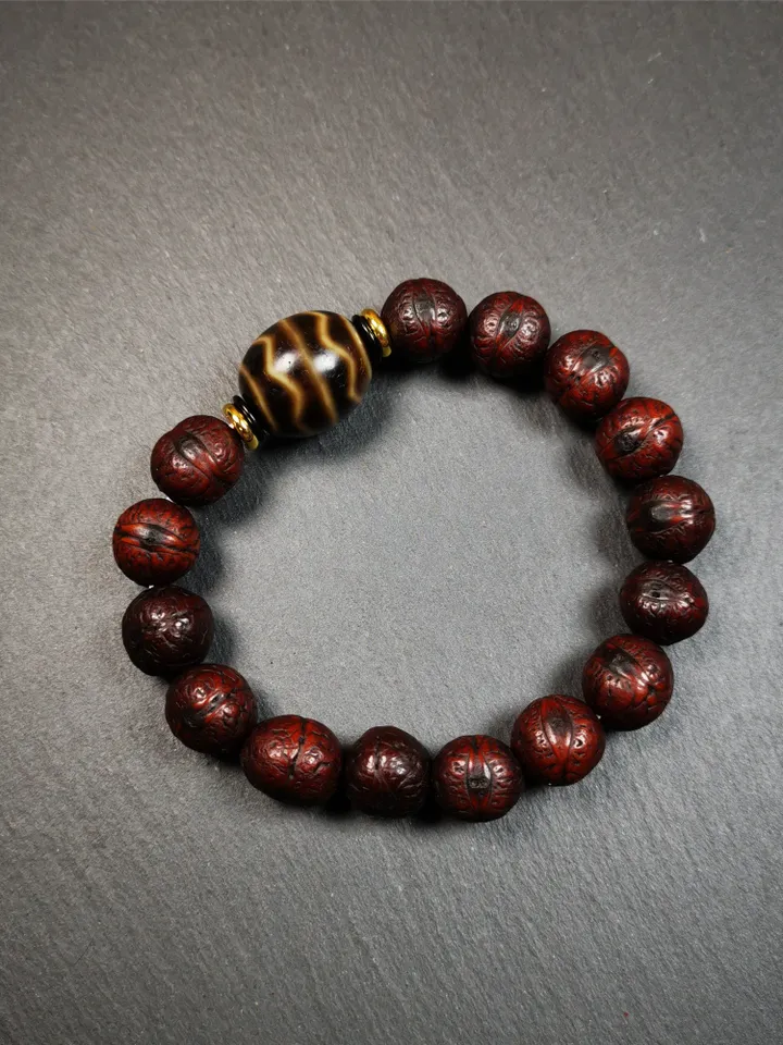 Gandhanra Unique Tibetan Dalo Dzi Bead Bracelet(30 Years Old), Fortune Wave Dzi with Old Bodhi Beads,Fit for 15-19cm Wrist
