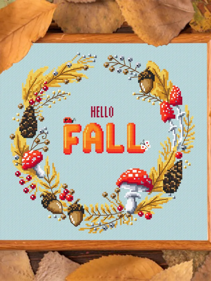 Hello fall wreath cross stitch pattern download PDF, Magic amanita mushroom cross stitch, Autumn wreath embroidery PDF, Fall home decor #Q50