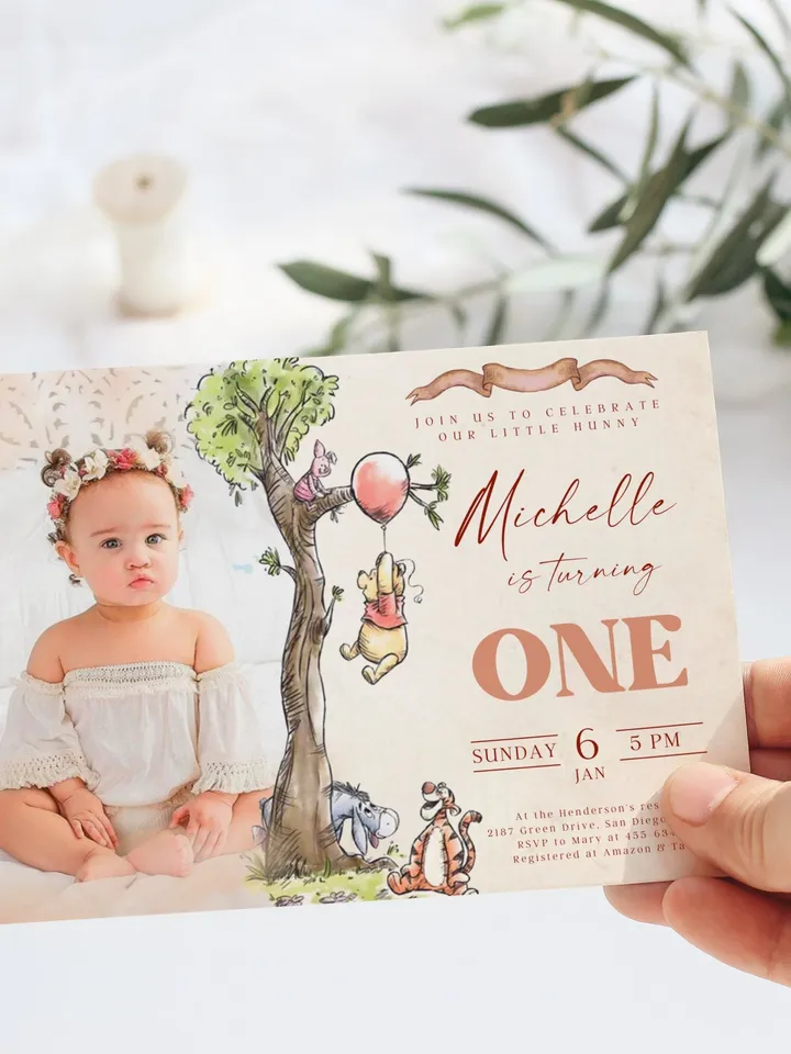 Add Photo First Birthday Invite; Winnie Pooh Baby Birthday Invitation template; Winnie the Pooh Inspired birthday party invitation editable