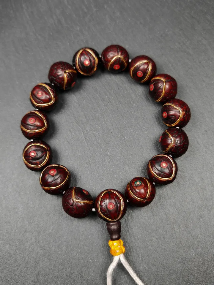 Gandhanra Unique Tibetan Wrist Mala,Old Bodhi Beads Bracelet,Inlaid Copper Wire and Agate,Diameter 17mm,Circumference 20cm