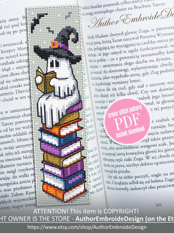 Witch ghost bookmark cross stitch pattern PDF download Reading ghost cross stitch chart, Cute Halloween bookmark pattern digital PDF #B365