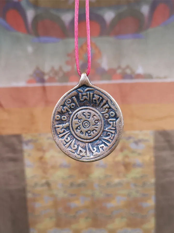 Gandhanra Vintage Tibetan Buddhist Amulet,Om Badge Pendant, Mantra of Om Mani Padme Hum, Made of Red Copper,1.46&quot;