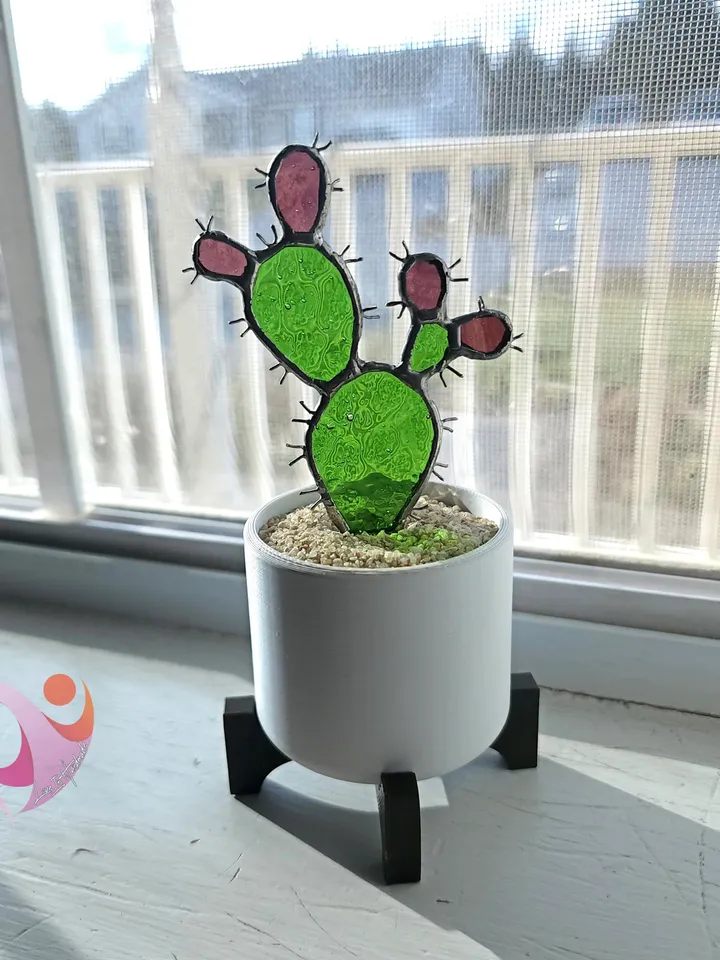 Real Stained Glass Prickly Pear Cactus Suncatcher in Cute Pot for Small Windowsill Paddle Cactus Gift for Plant Lovers No Kill Succulent