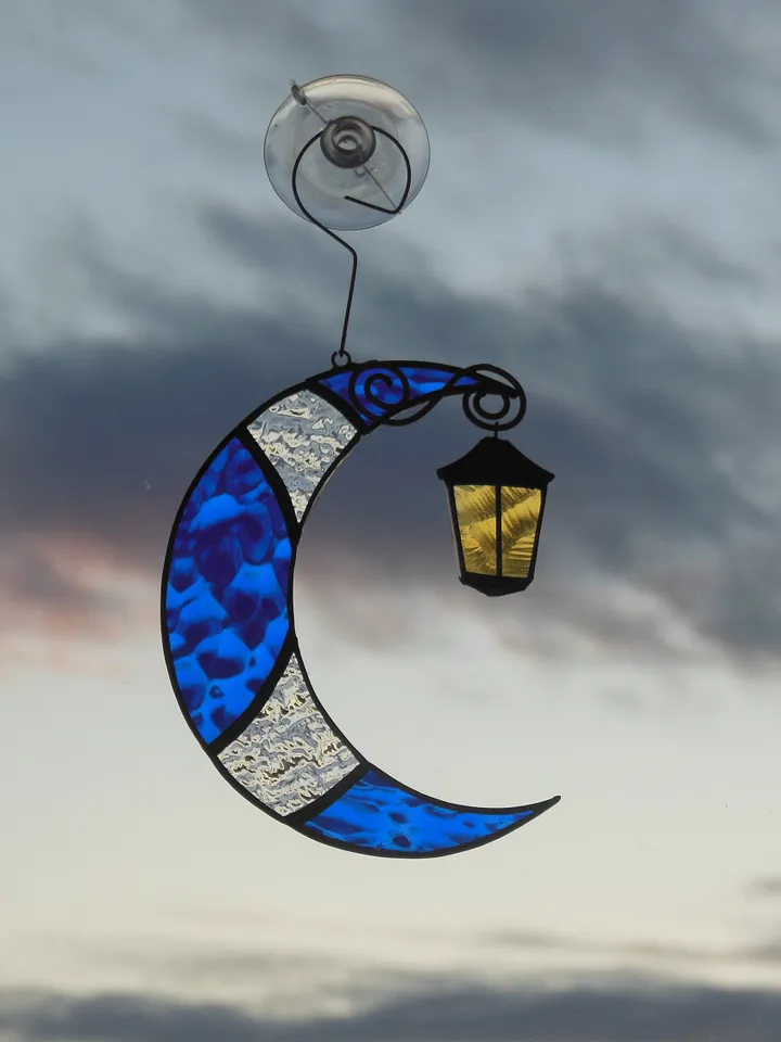Moon with Street Light . Stained glass window hanging Suncatcher , idea for anniversary , birthday and Christmas gift