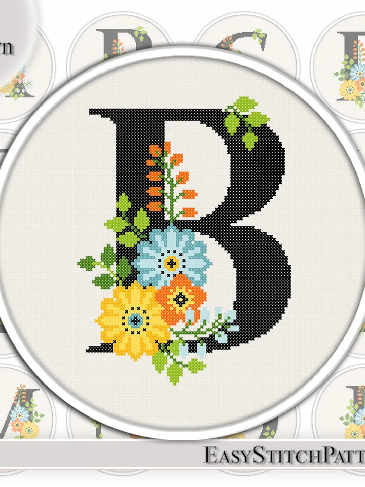 Floral Letter B Initial cross stitch pattern Monogram cross stitch Flowers Home Decor