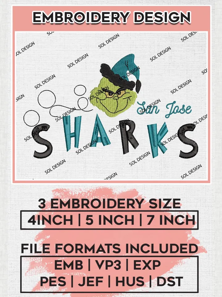 Grinch San Jose Sharks Embroidery Designs, Grinch Christmas Embroidery Files, NHL Sharks Machine Embroidery Designs, NHL San Jose Sharks Logo, NHL Christmas Machine Embroidery Design, Digital Download