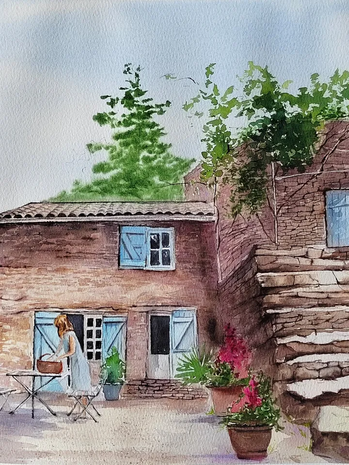 Original Watercolor Painting Rural French Landscape Art Old Stone House Artwork Country Side Picture 30x40 cm by SoftWaves