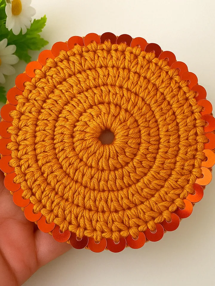 Round Crochet Sequin Coaster DIY Pattern, Glam Handmade Mug Rug Tutorial, Sparkle Yarn Drink Mat DIY, Glitter Coffee Coaster Guide