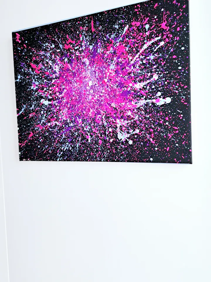 Fluorescent neon painting made with splashes technique "Miami" abstraction, contemporary art