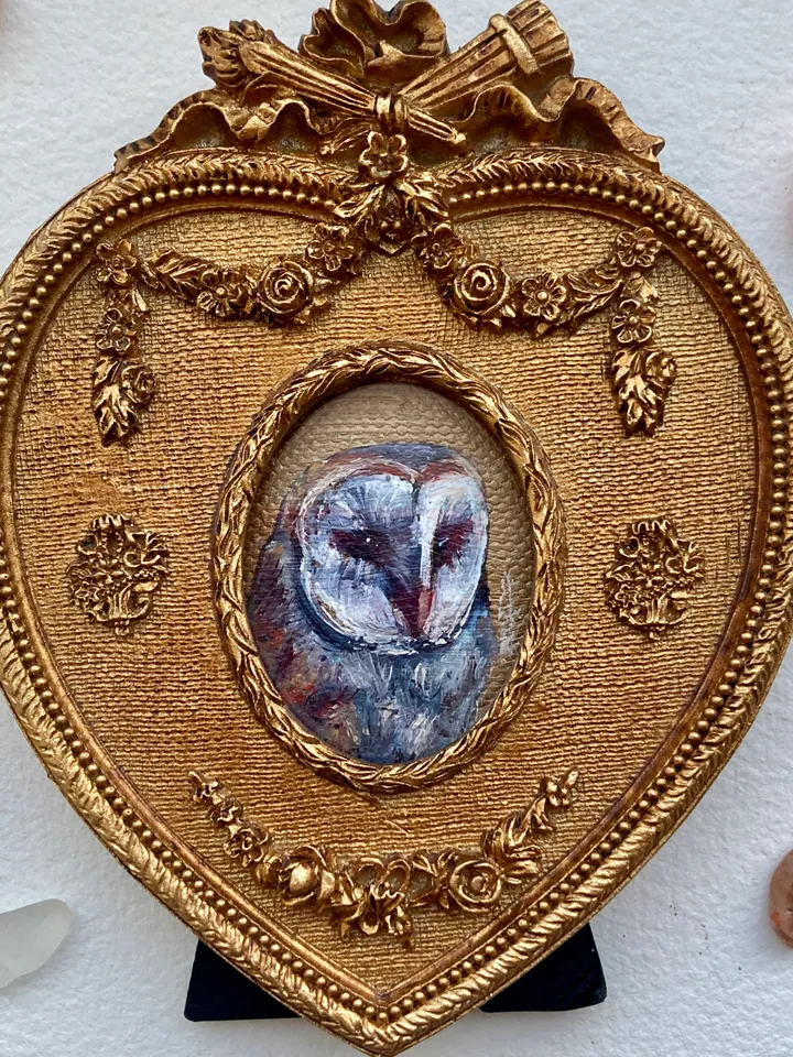 Owl Oil Painting Original In Vintage Style Heart Frame Small Framed Bird Art Barn Owl