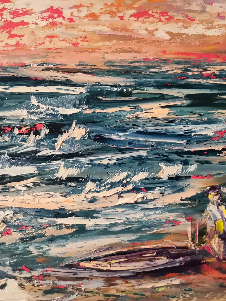 Sailboat Surfing Sea Sunset Seagulls Original Art Oil Painting Artist Svinar Oksana