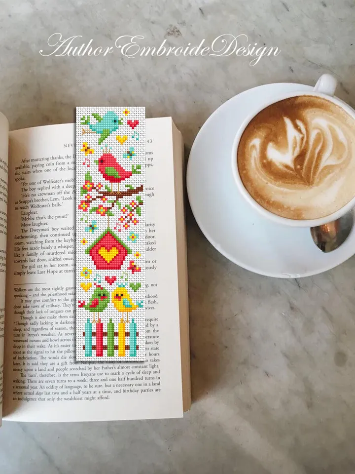 Spring bookmark cross stitch pattern PDF download Romantic love birds cross stitch chart, Bird bookmark pattern digital for beginner #B416