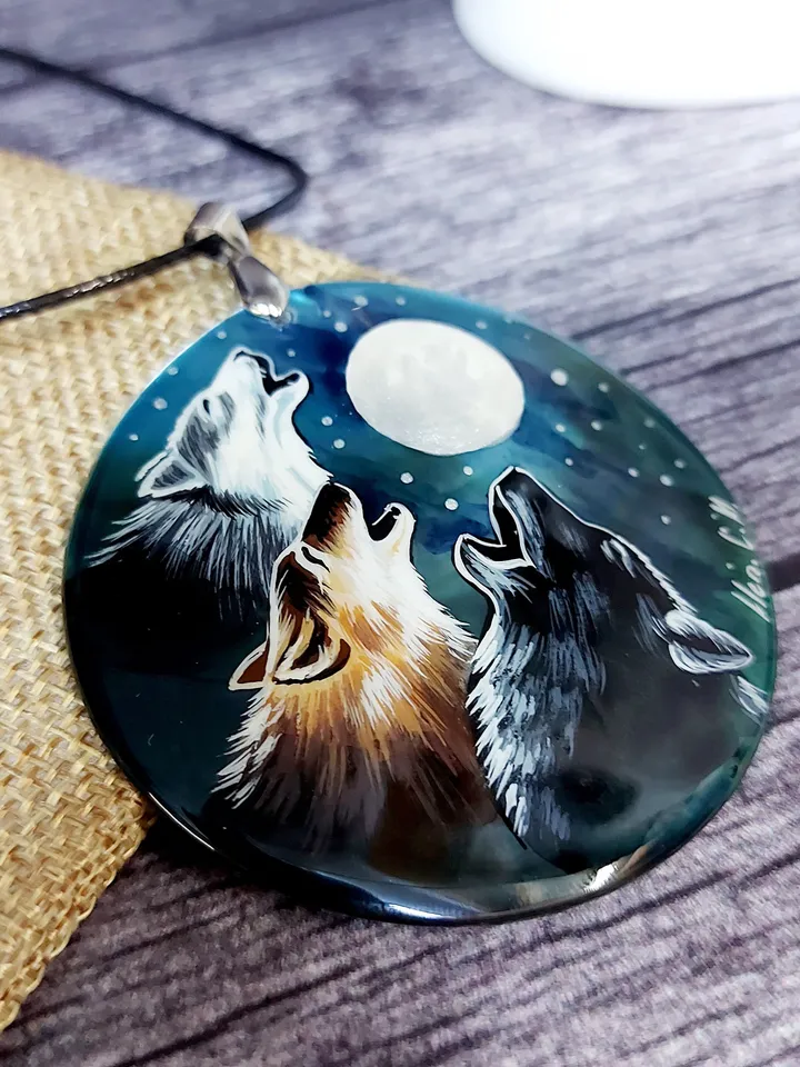 Pearl pendant necklace: The hunting pack of Wolves is howling on the moon • unique handmade jewelry • statement aesthetic necklace for dress