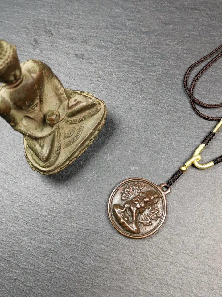 Gandhanra Antique Tibetan Thokcha Amulet,Chakrasamvara with Vajravarahi Badge, Buddhist Protector Deity Pendant,1.3"
