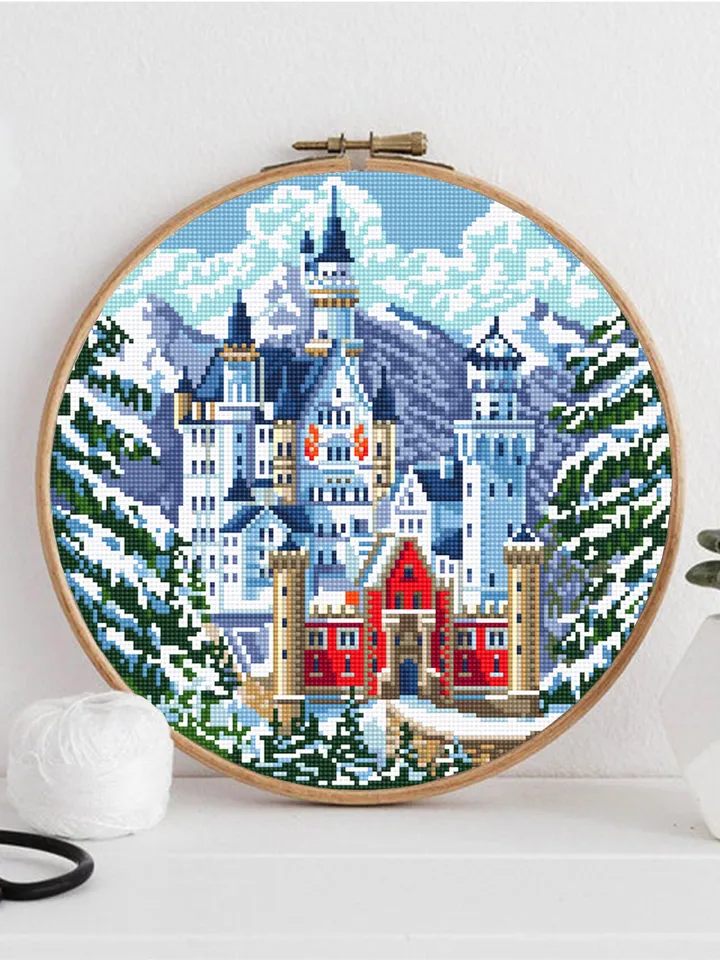 Winter landscape cross stitch pattern download PDF Neuschwanstein castle cross stitch chart, Nature embroidery digital, Snowy mountains #C3