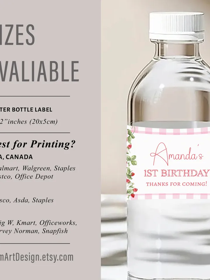 Editable Pink Gingham Berry First Birthday Water Bottle Label Berry 1st Birthday Girl Party Strawberry Decoration Instant download i122