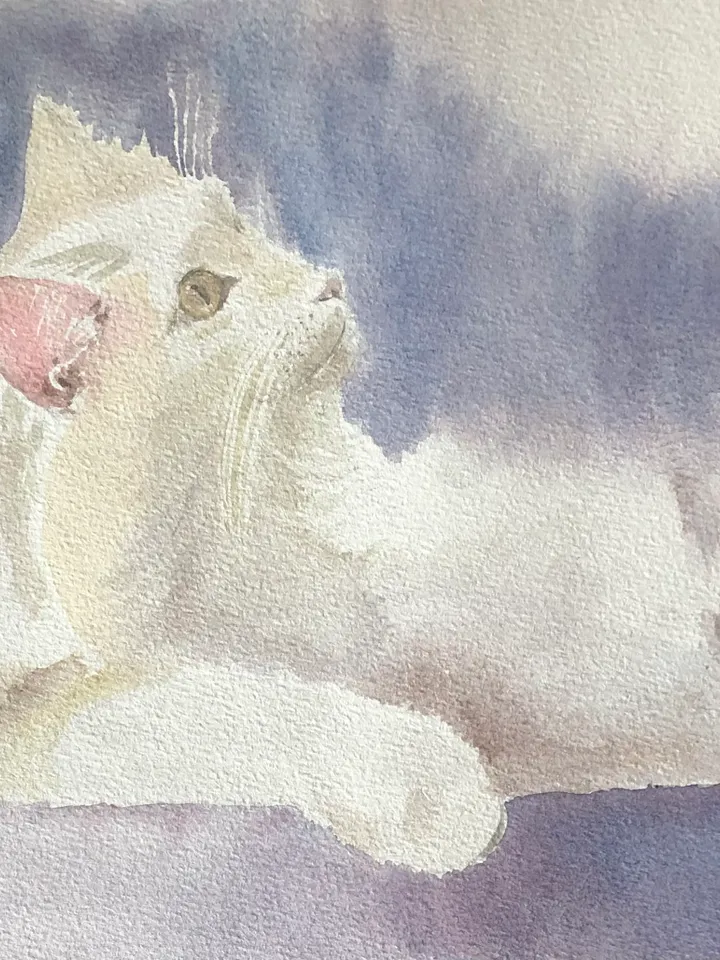 Cute white cat wall art original watercolour painting