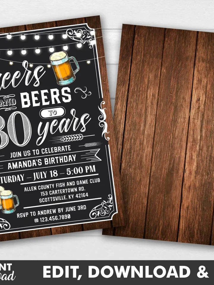 Cheers and Beers to 30 Years Invitation, Cheers and Beers to 30 Years, 40 Years, 50 Years Invitation, Editable Adult Birthday Invitation