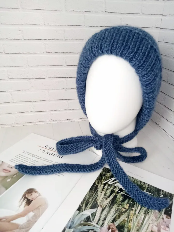 Warm Knitted Cap with Long Ties Handmade