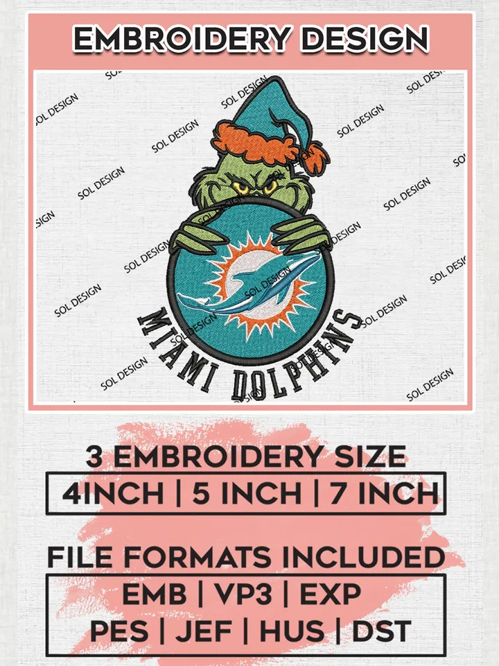 NFL Miami Dolphins Team x Grinch Holding Ornament Logo Embroidery Designs, NFL Dolphins Team Machine Embroidery Files, NFL Football Teams, 3 sizes, Grinch Machine embroidery designs, Digital Download