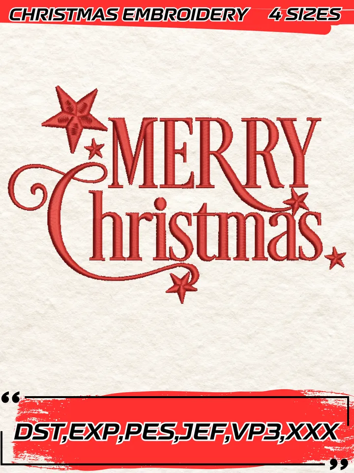 Merry Christmas Embroidery Design,Christmas Embroidery Design,4 Sizes, Digital Download