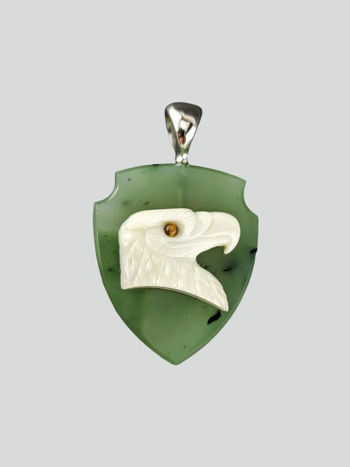 American Bald Eagle Cameo Pendant in White Agate on Jade Shield.