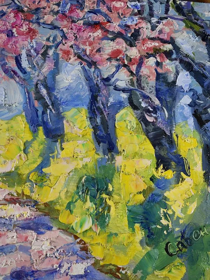 Cherry Blossoms Painting Spring Landscape Original Art Park Alley