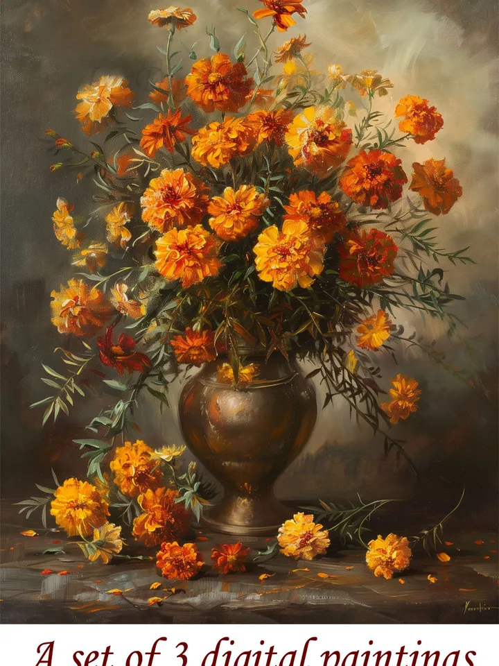 Digital Art Print Set of 3 vintage Renaissance paintings of roses, daisies and marigold flowers. Wall art. Home Decor. Instant download.
