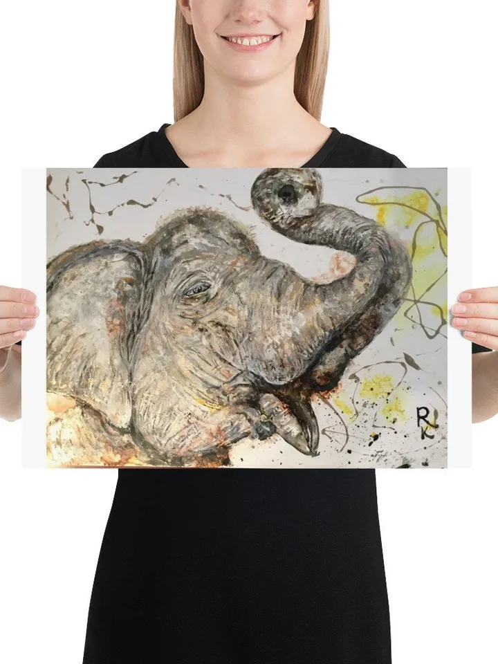 White Elephant Poster made with my original watercolour mix media painting on yupo paper,unique handmade artwork,home decoration.