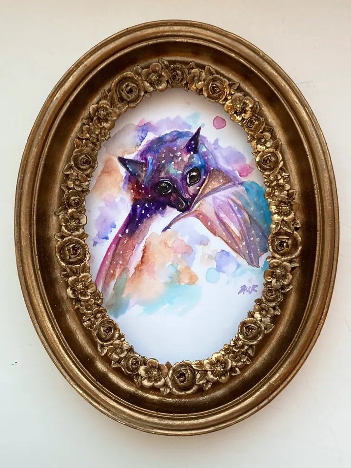 Framed Bat Watercolor Painting Original Cute Bat Art Wild Animals Decor Whimsigoth Art