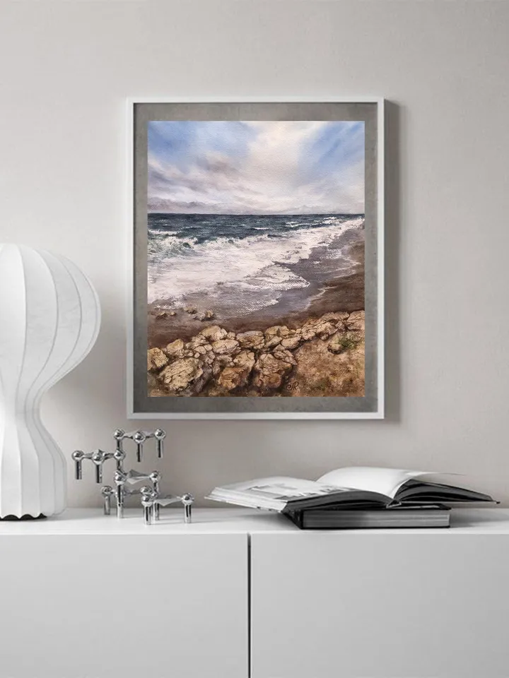 Seascape Original Painting Beach Watercolor Wall Art Clouds and Sea Painting