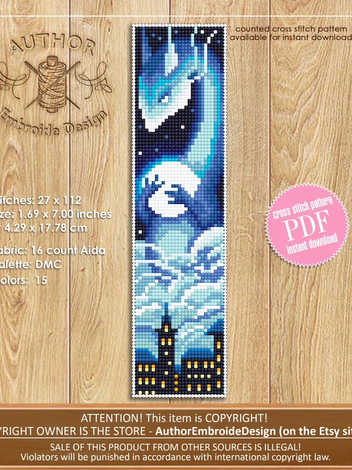 Dragon bookmark set cross stitch pattern download PDF Chinese cross stitch Fantasy dragon embroidery Moon cross stitch Digital bookmark #B50