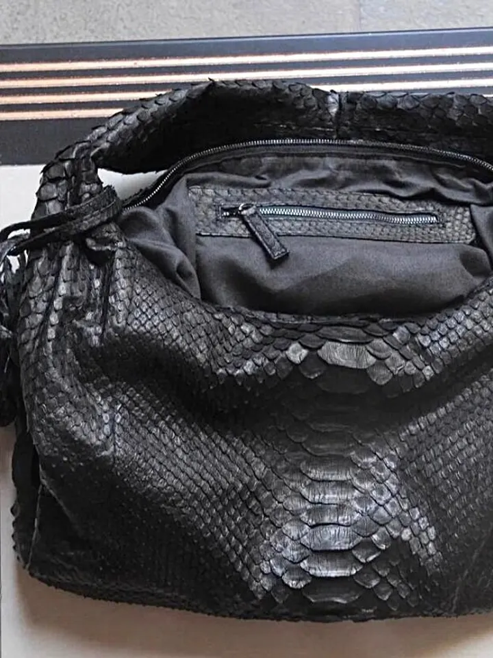Big Soft Hobo Classy Sport Woman Bag | Purse Genuine Python Skin | Python Skin Products | Black Big Elegant Leather Designer Soft Bag Snake
