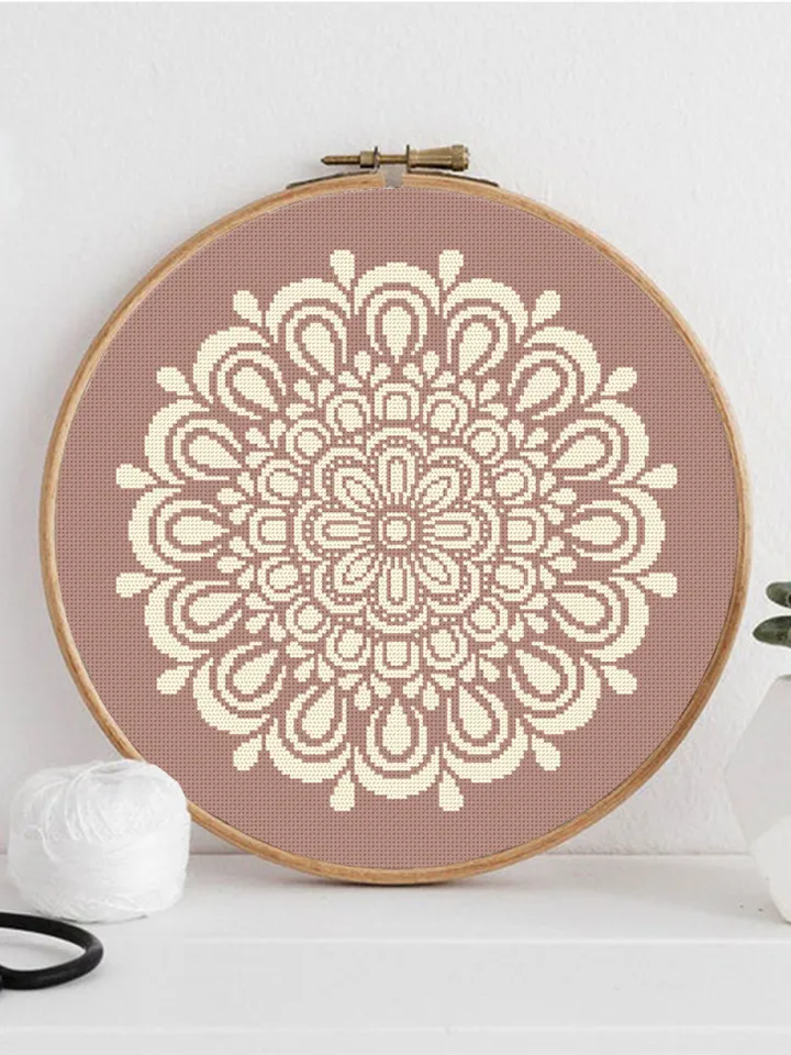 Simple mandala cross stitch pattern PDF download Flower mandala pattern digital PDF, Monochrome cross stitch chart for beginner #M244