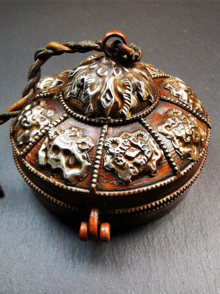 Gandhanra 8cm Copper Case,Astamangal Pattern, for Tibetan Cymbals, Tingsha Bell,Handmade in Nepal
