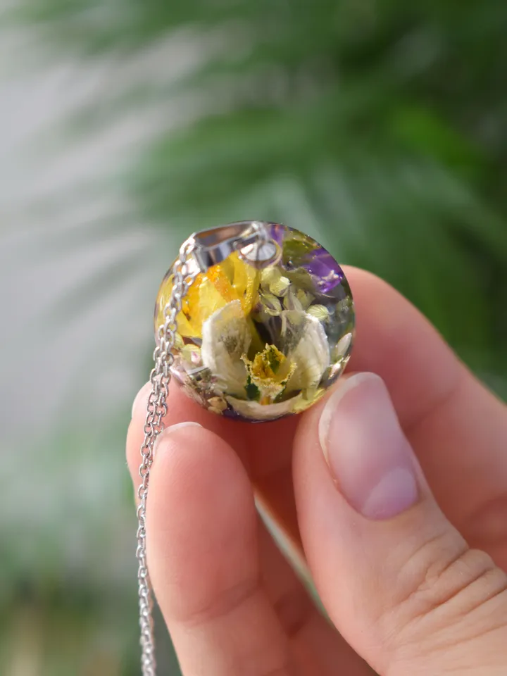Real snowdrop necklace. Sphere with real flowers. Spring pendant.