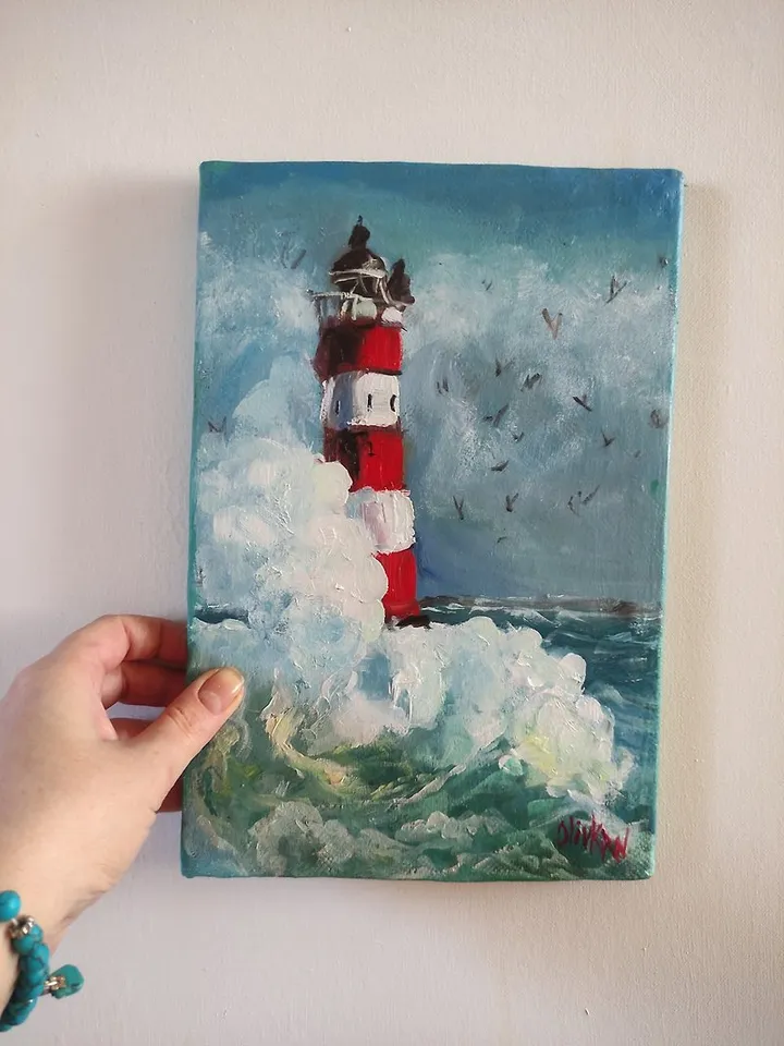 Seascape Original Art Lighthouse Oil Painting Lighthouse Impasto Sea Wall Art