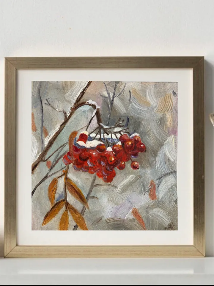 Red mountain ash original oil painting handmade wall art on cardboard 6x6 inches modern art