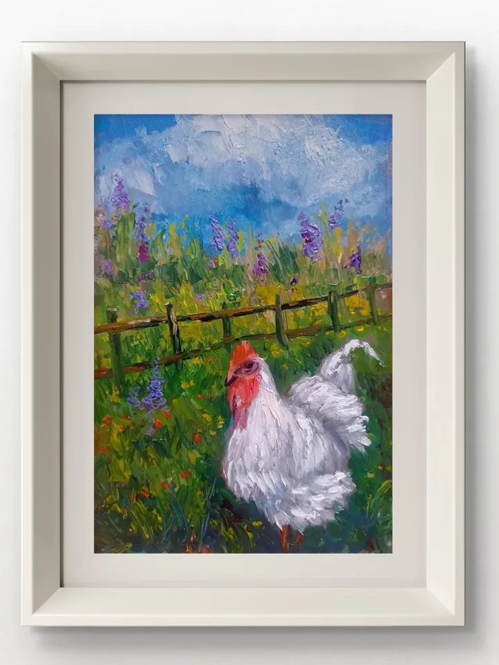 Oil painting rustic scene original painting ,Rooster painting,Chicken painting original art,Country animals, country scenery art, wall art