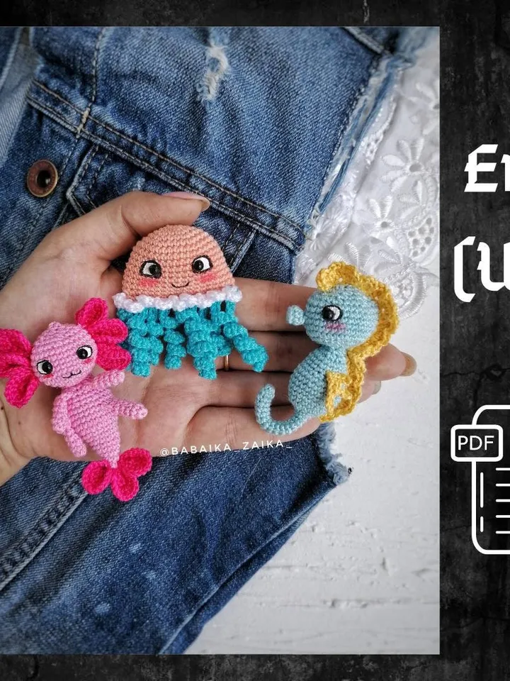 PDF Crochet Sea Brooches SET Pattern: Axolotl Seahorse Jellyfish Crochet Animal Pattern Small Crochet Pattern Brooch Amigurumi Easy Pattern