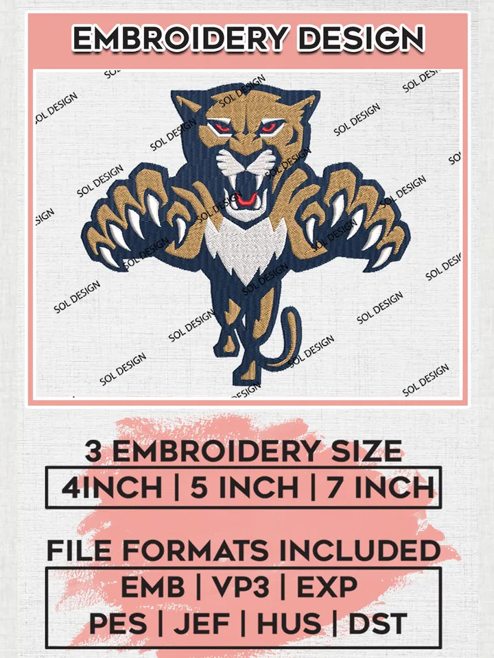 Florida Panthers NHL Team Mascot Logo Embroidery Design, NHL Florida Panthers Logo Embroidery Files, Hockey Team Machine Embroidery, Machine Embroidery Design