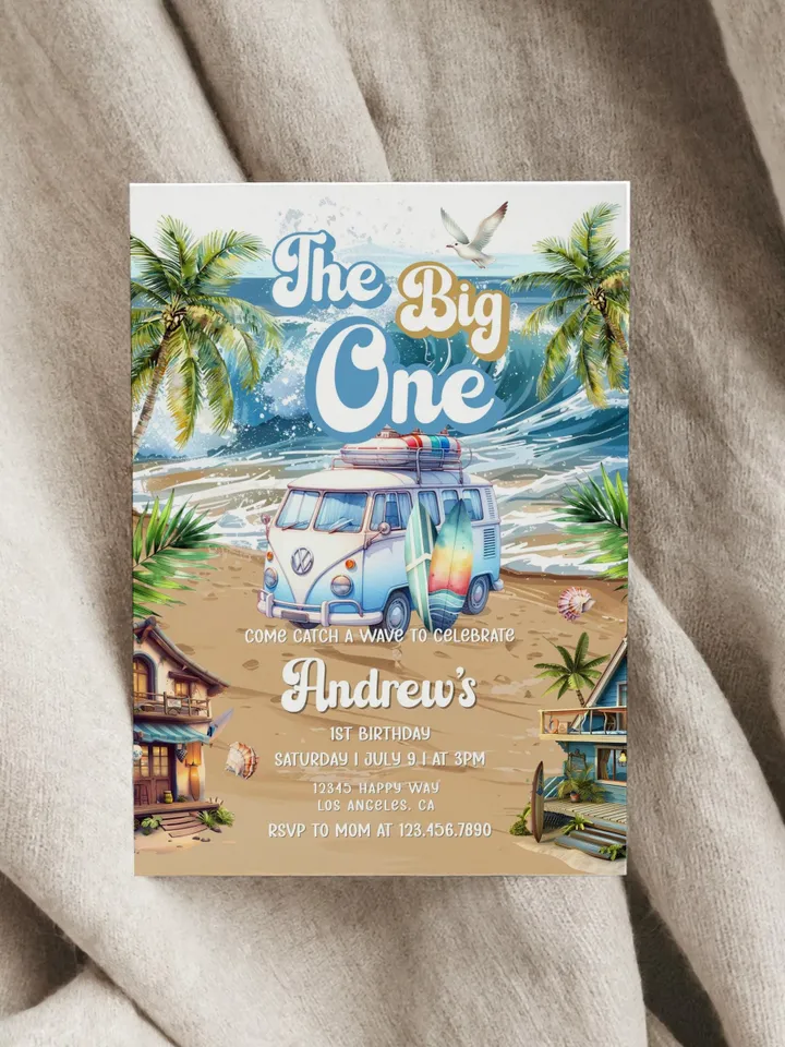 The Big One Surfing Invitation, Retro Boy Surf Surfboard, Editable Beach Pool Party Invite, Summer 1st Birthday, Printable Canva Template