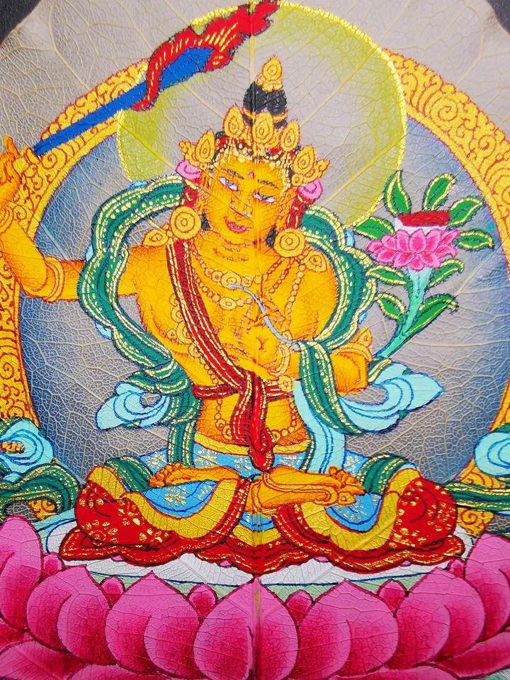 Gandhanra Handpainted Bodhi Leaf Thangka,Packed in Wooden Picture Frame,Painted with Natural Mineral Pigments,Manjusri Thangka