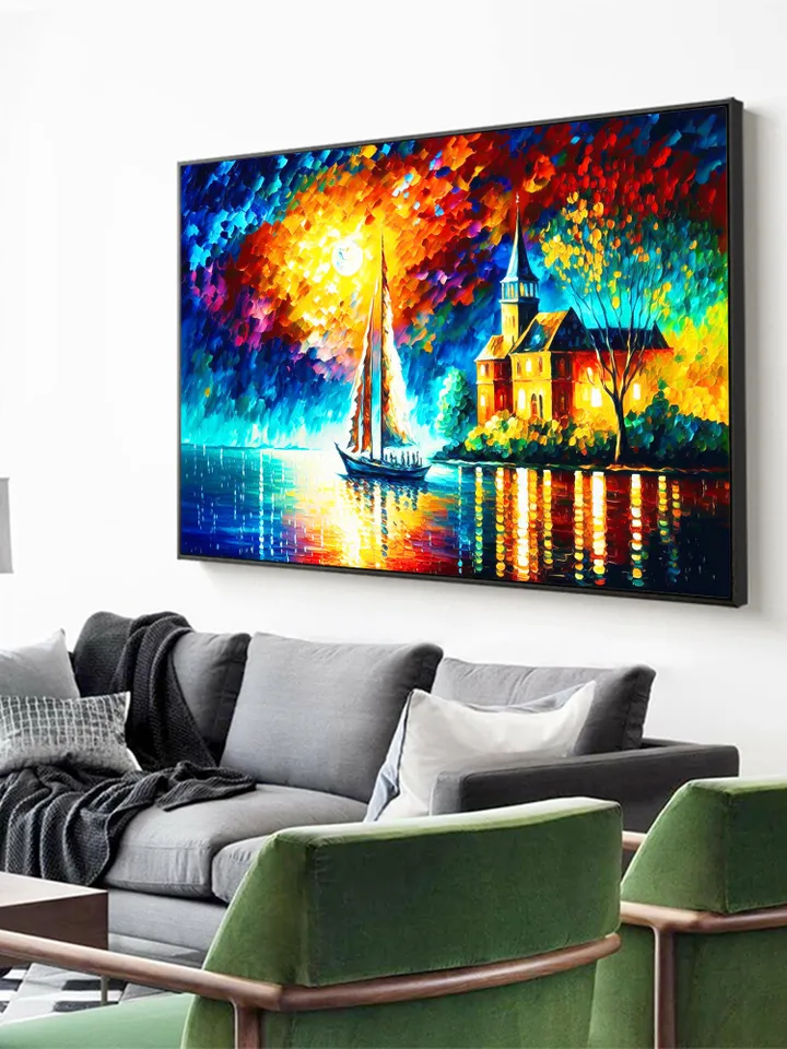 Original Colorful Lake View Oil Painting On Canvas, Abstract Boat Painting, Lakeside Buildings Art, Large Wall Art, Living room Wall Decor