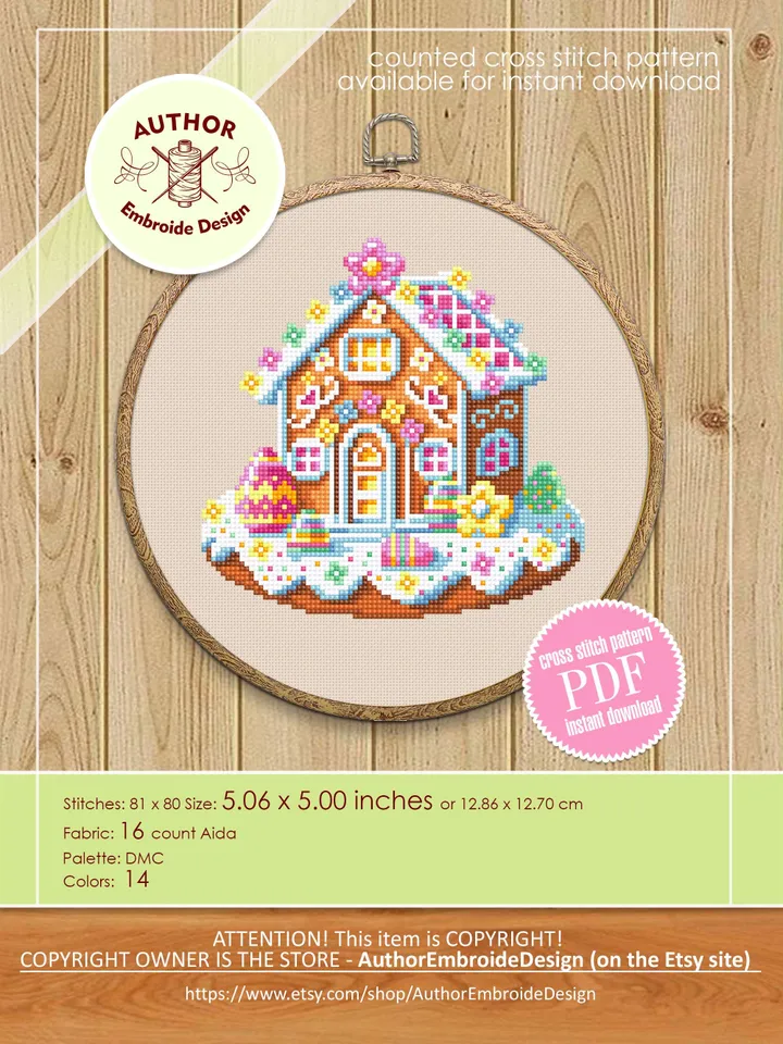 Easter gingerbread house cross stitch pattern PDF download Easter cross stitch chart, Gingerbread pattern digital PDF Easter home decor #T42