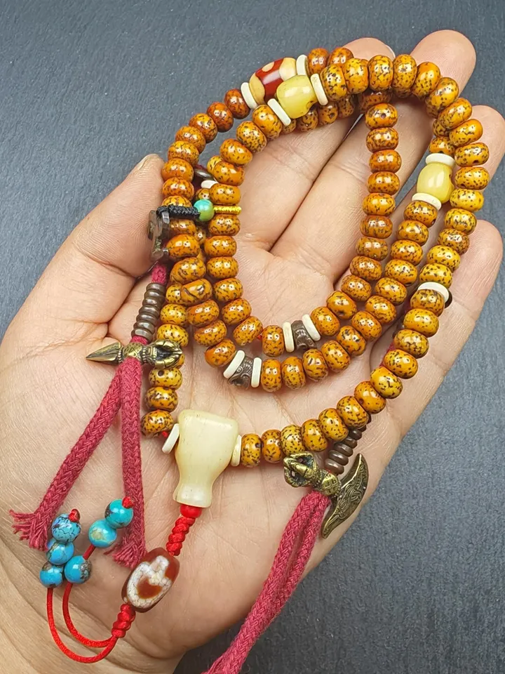 Authentic Tibetan Prayer Beads, Old 8+mm 108 Lotus Seed Mala Necklace - Handcrafted Tibetan Rosary with Unique Mix of Treasures