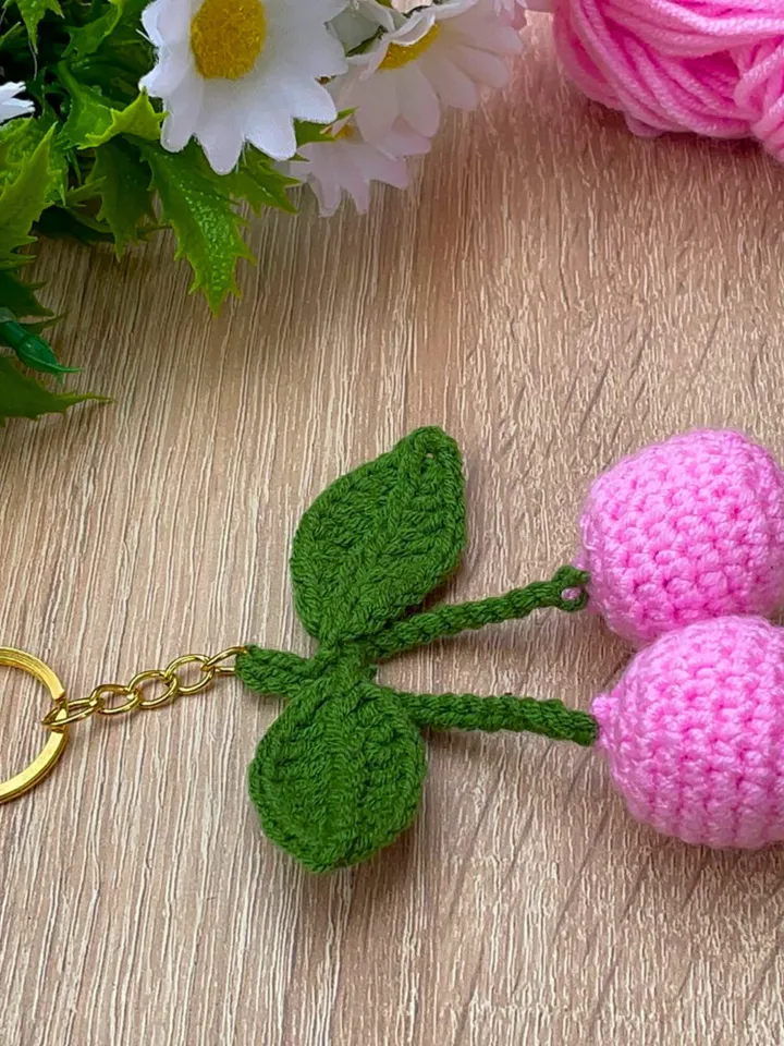 Crochet Cherry Keychain PDF Pattern โ Amigurumi Fruit Keyring Tutorial โ DIY Cute Handmade Yarn Key Chain Digital Download