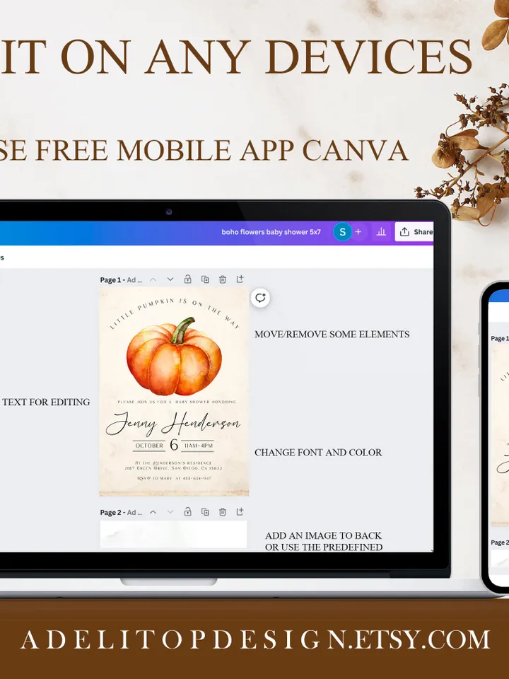 Little Pumpkin is on the way; Editable Autumn Pumpkin Baby Shower Invitation Template Canva; Fall 2022 Autumn Smartphone Digital Invitation