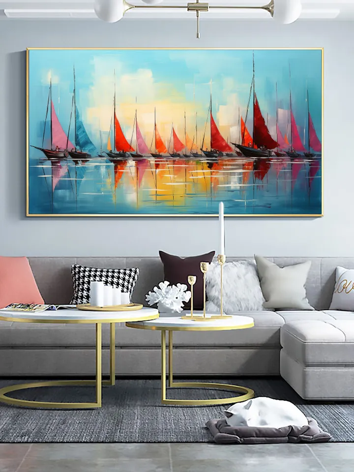 Original Sailboats Painting on Canvas, Large Wall Art, Abstract Colorful Painting, Ocean Art, Living room Wall Decor, Custom Painting