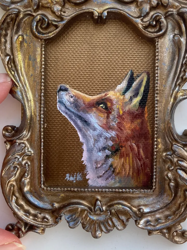 Fox Oil Painting Original In Vintage Style Frame Small Framed Animals Wildlife Art